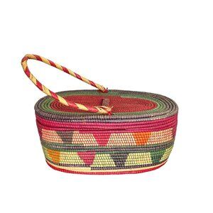 Vintage Colorful Oval Coil Basket Hand Woven with Lid & Handle